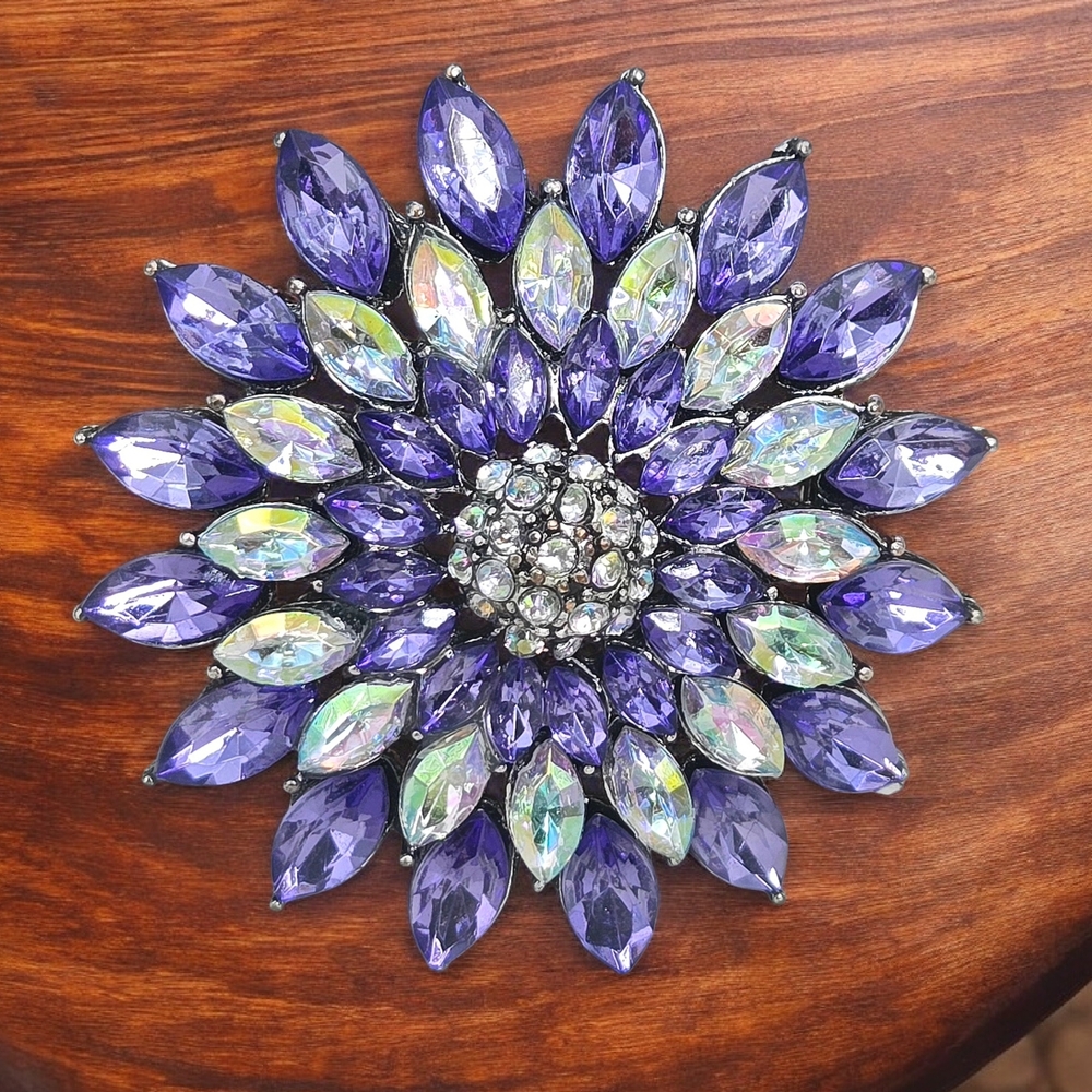 Purple Crystal Rhinestone Floral Brooch